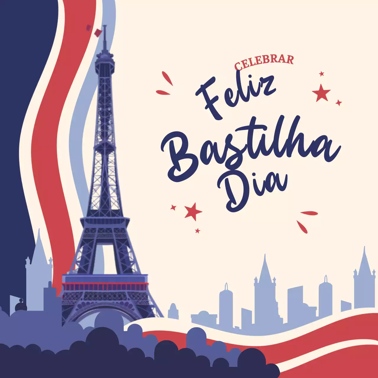 Celebração do Dia da Bastilha em vermelho e azul vintage