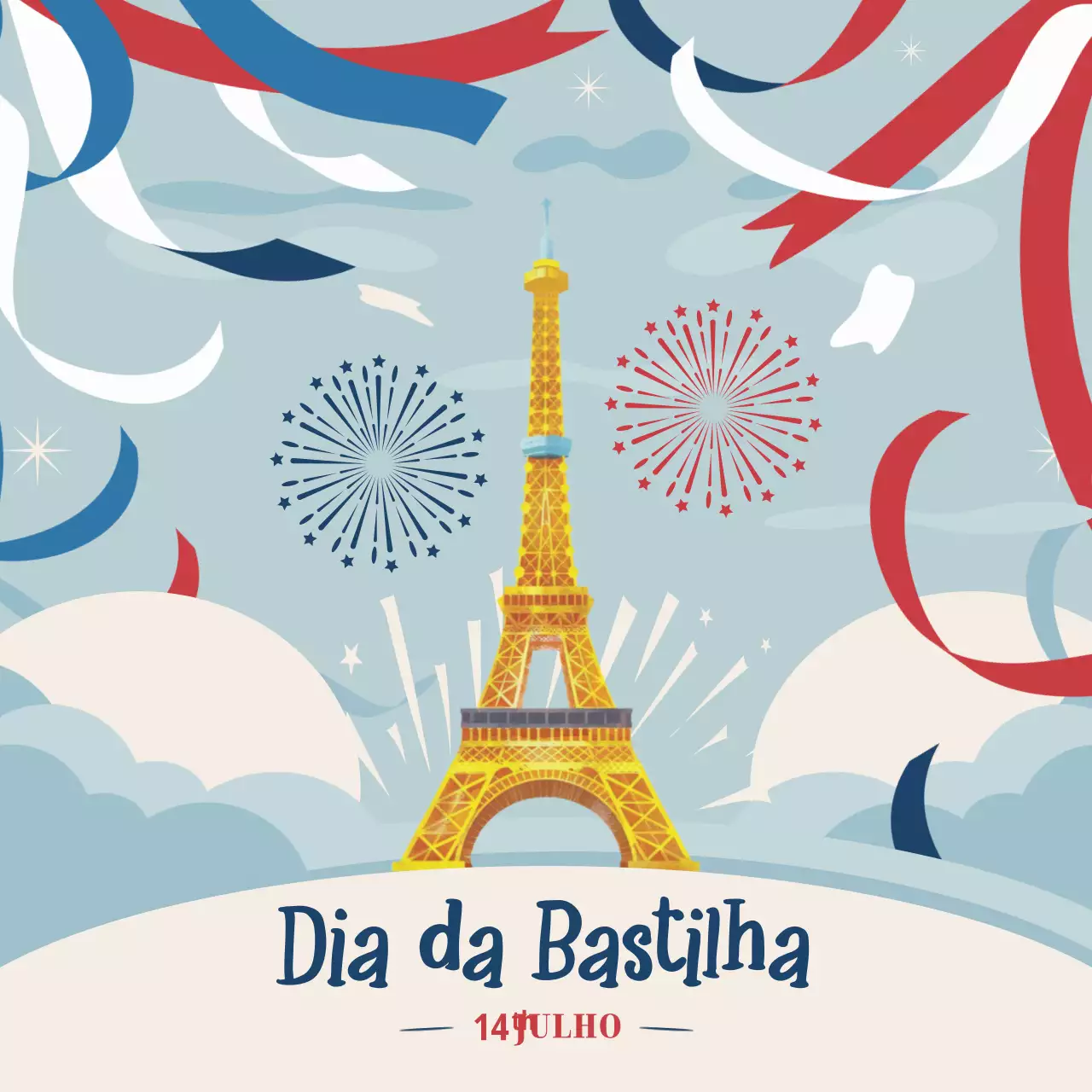 Celebração do Dia da Bastilha em vermelho e azul