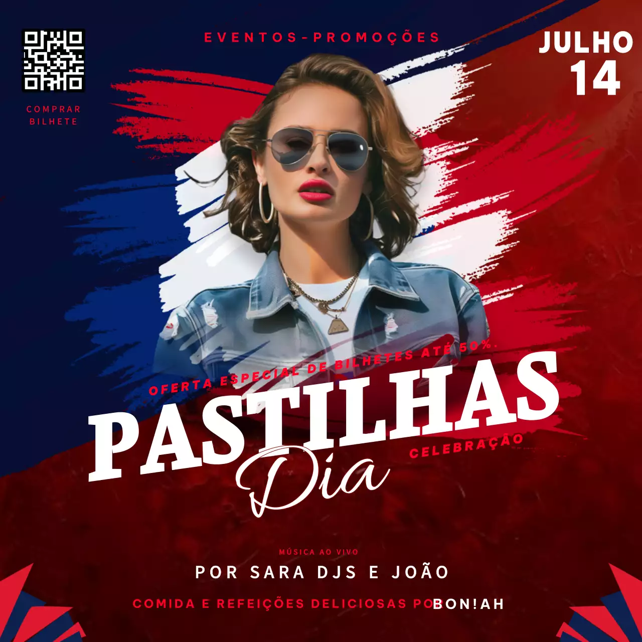 Evento colorido vermelho e azul de celebração do Dia da Bastilha
