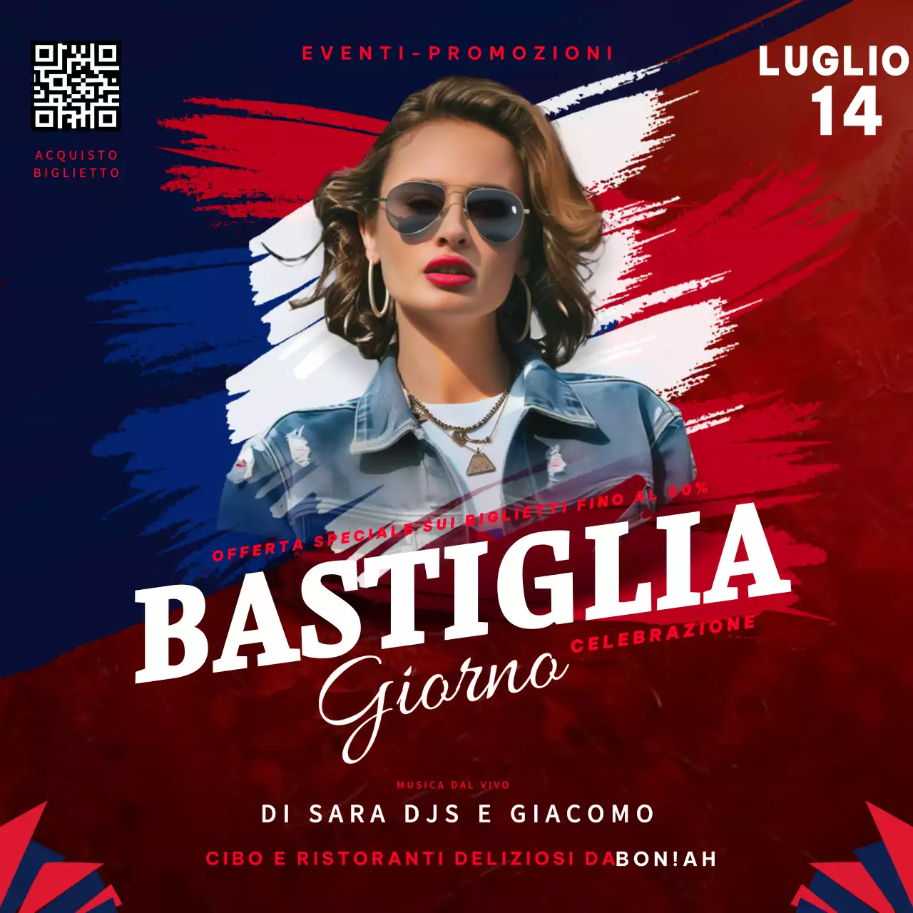 Evento di celebrazione della Giornata della Bastiglia colorato di rosso e blu