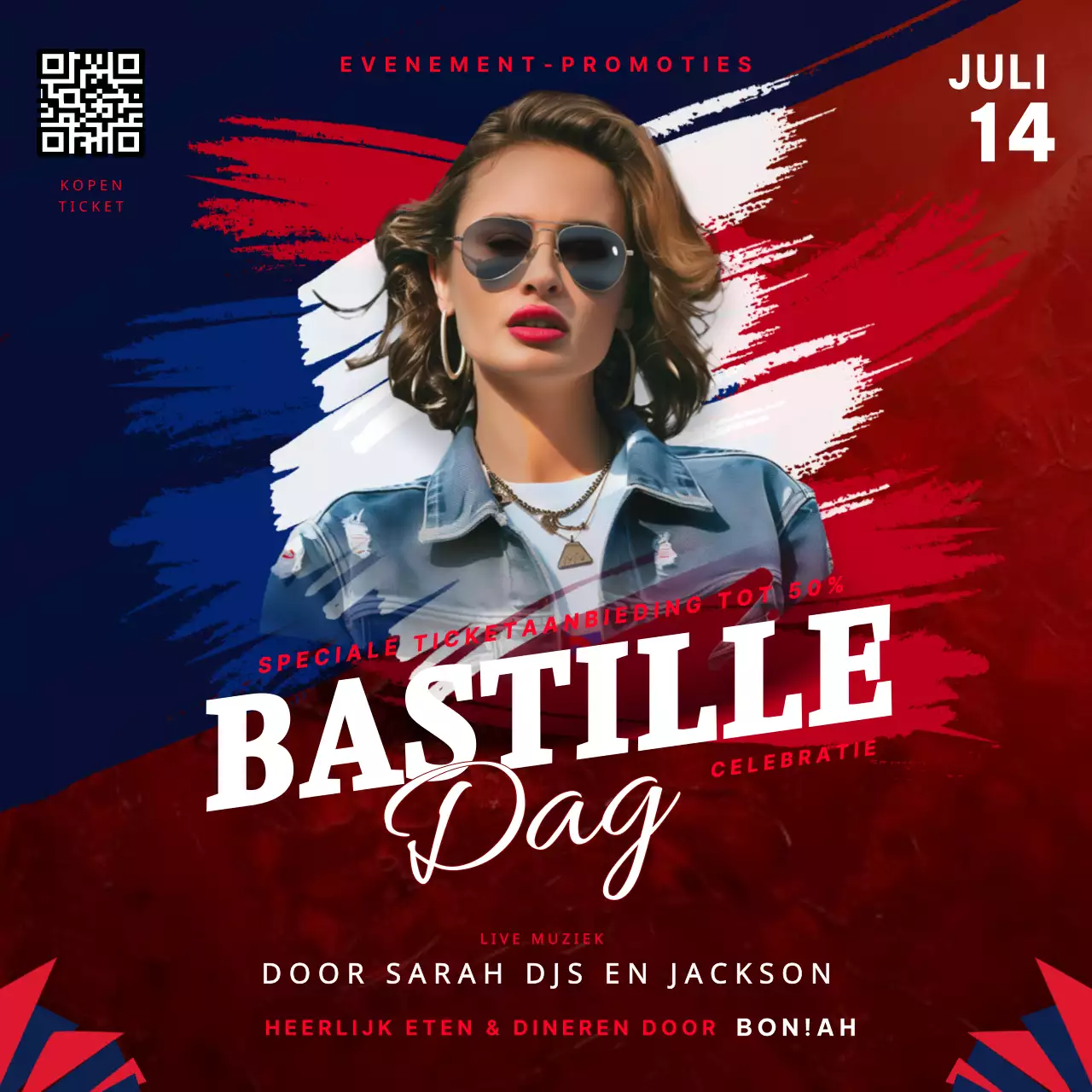 Kleurrijk rood-blauw vieringsevenement van Bastille Day