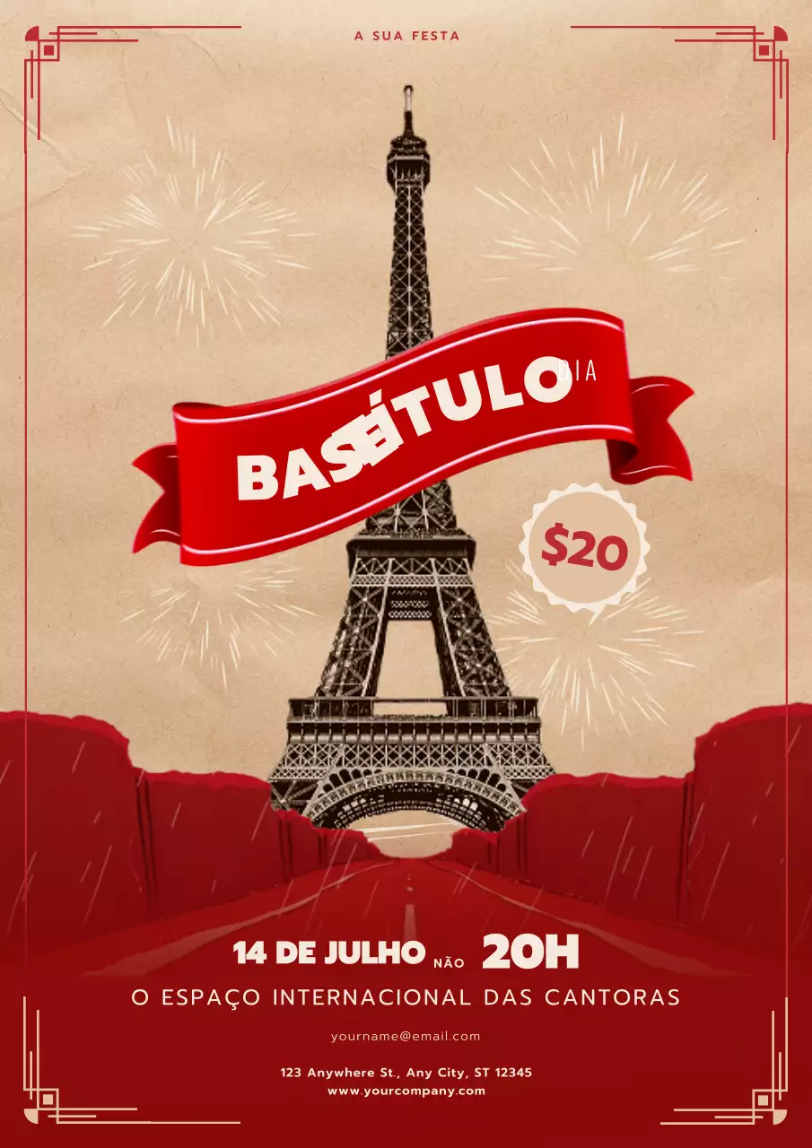 Folheto do evento de celebração do Dia da Bastilha em castanho avermelhado