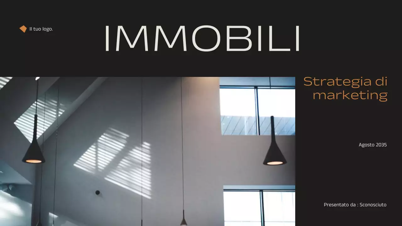 Annuncio di strategia di marketing immobiliare elegante e minimale in nero e arancione