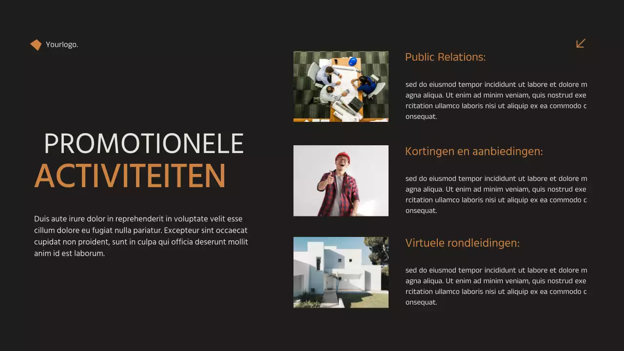 Zwart en Oranje Minimal Elegant Aankondiging Vastgoed Marketing Strategie