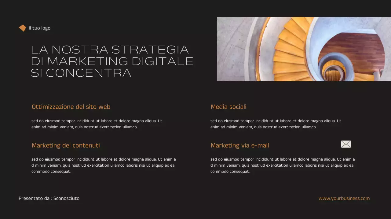 Annuncio di strategia di marketing immobiliare elegante e minimale in nero e arancione