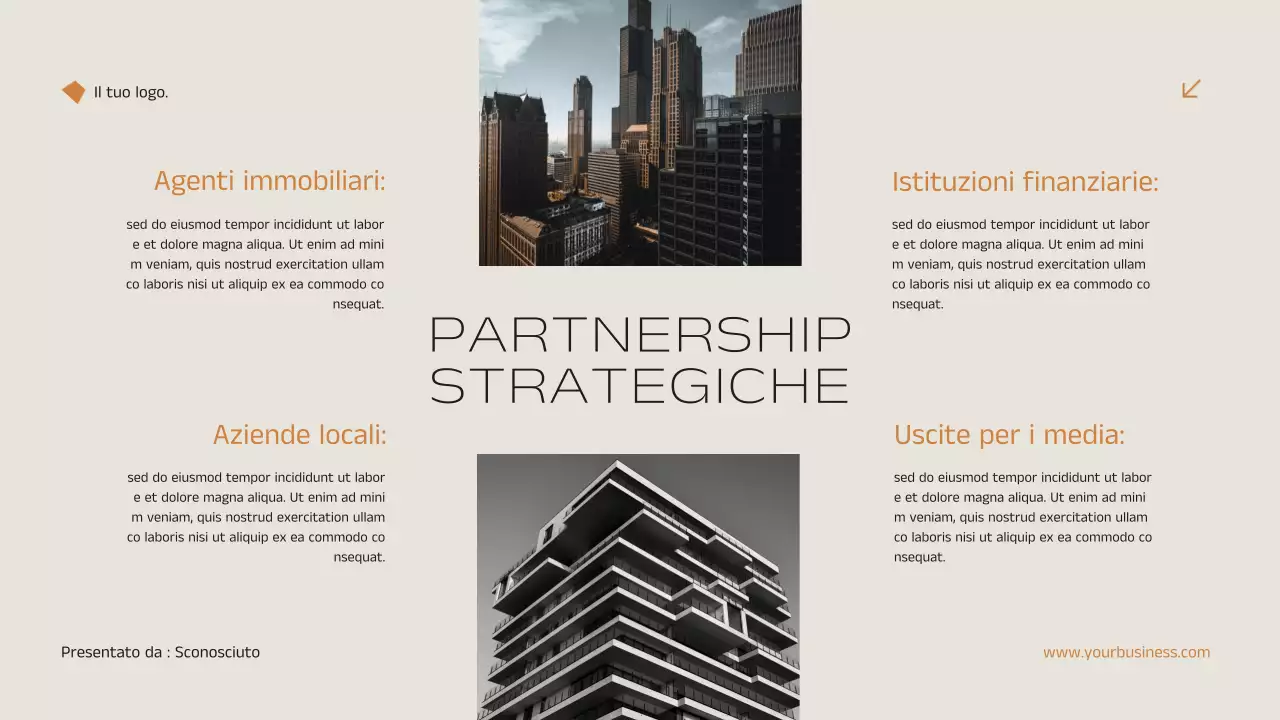 Annuncio di strategia di marketing immobiliare elegante e minimale in nero e arancione