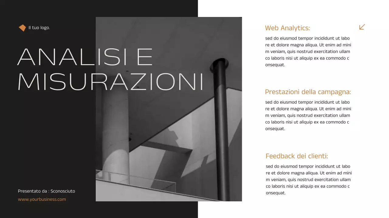 Annuncio di strategia di marketing immobiliare elegante e minimale in nero e arancione