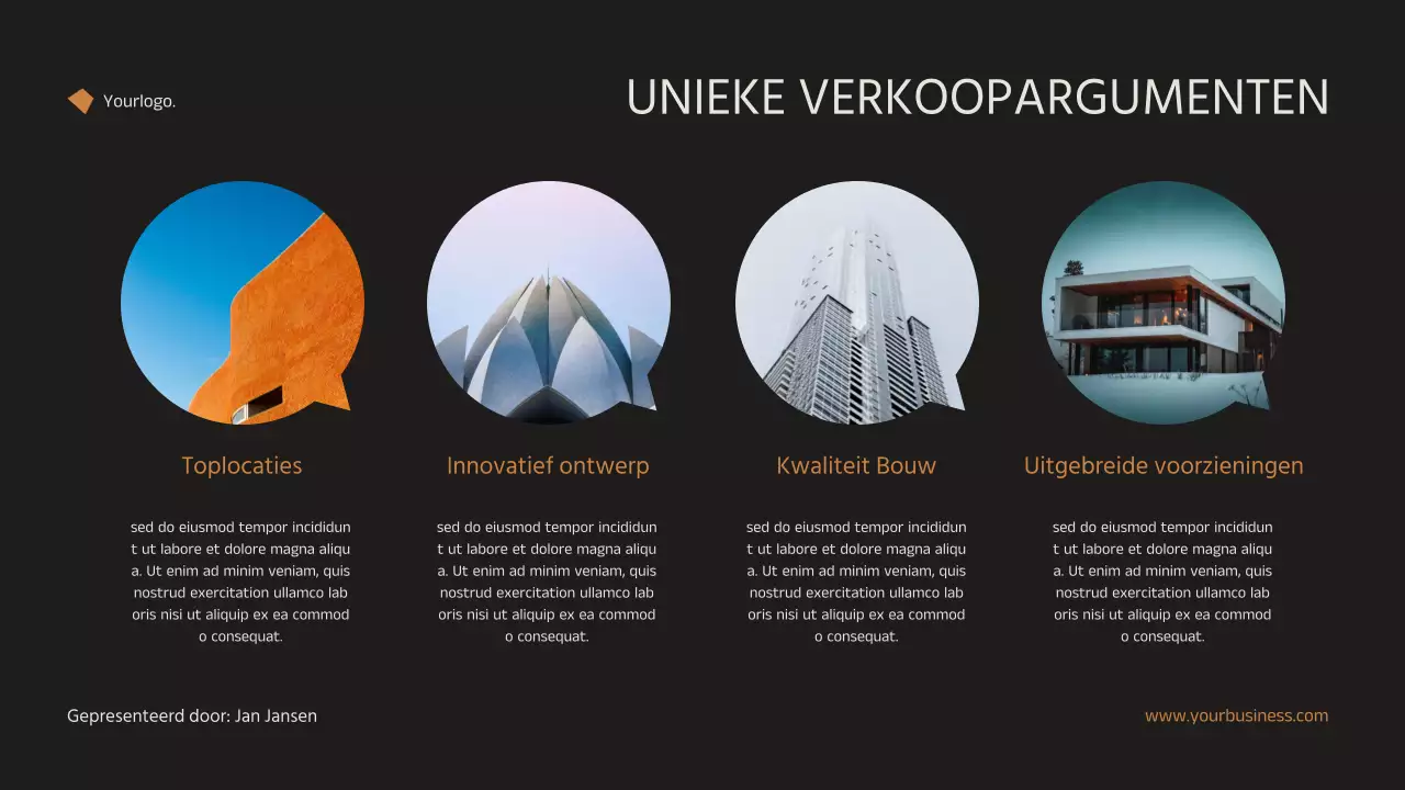 Zwart en Oranje Minimal Elegant Aankondiging Vastgoed Marketing Strategie