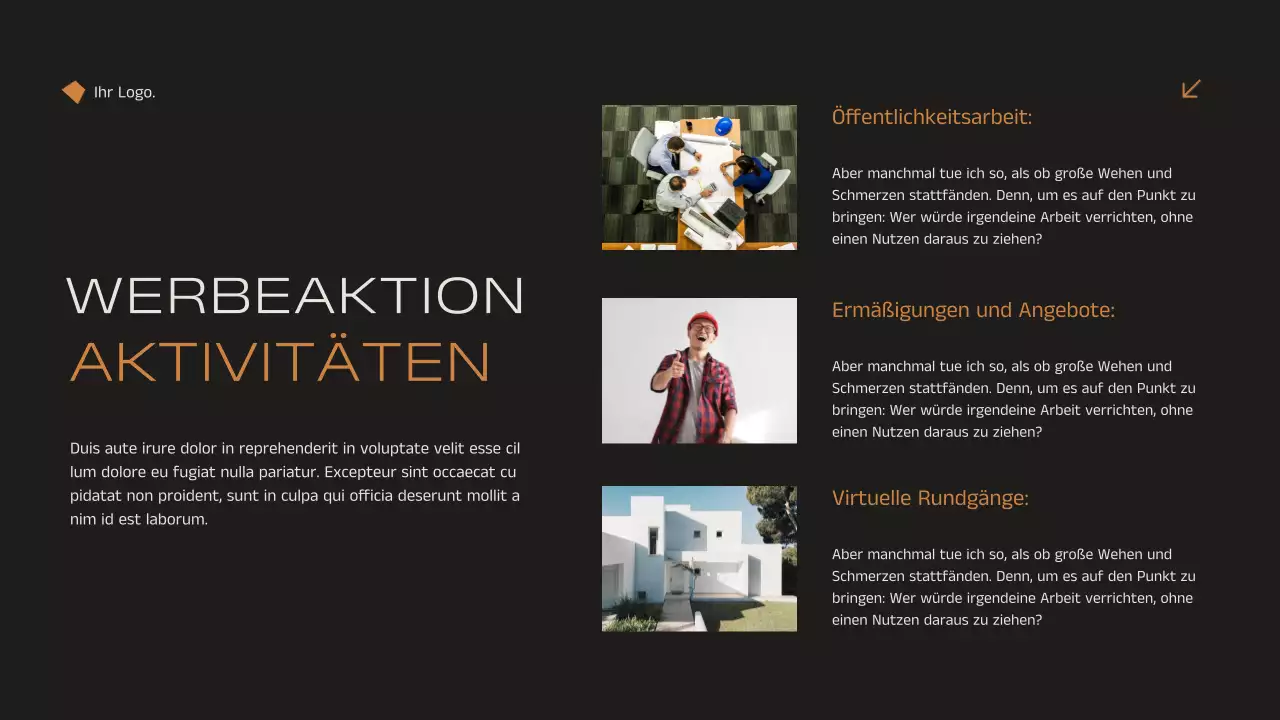 Schwarz und Orange Minimal Elegant Immobilien Marketing Strategie Ankündigung