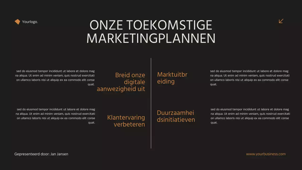 Zwart en Oranje Minimal Elegant Aankondiging Vastgoed Marketing Strategie