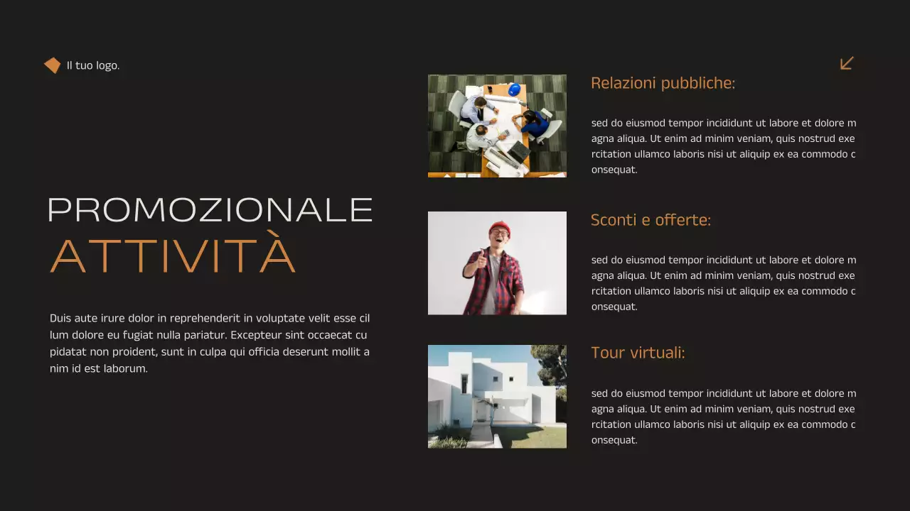 Annuncio di strategia di marketing immobiliare elegante e minimale in nero e arancione