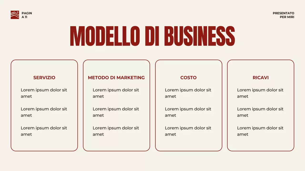 Strategia di presentazione aziendale in grassetto rosso e beige