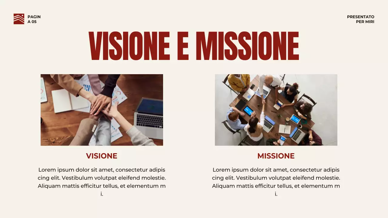 Strategia di presentazione aziendale in grassetto rosso e beige