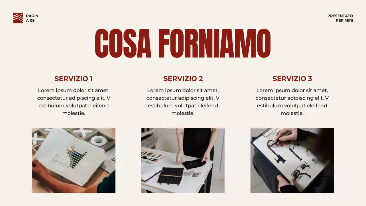 Strategia di presentazione aziendale in grassetto rosso e beige