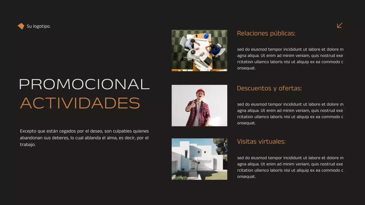 Anuncio de estrategia de marketing inmobiliario minimalista y elegante en negro y naranja