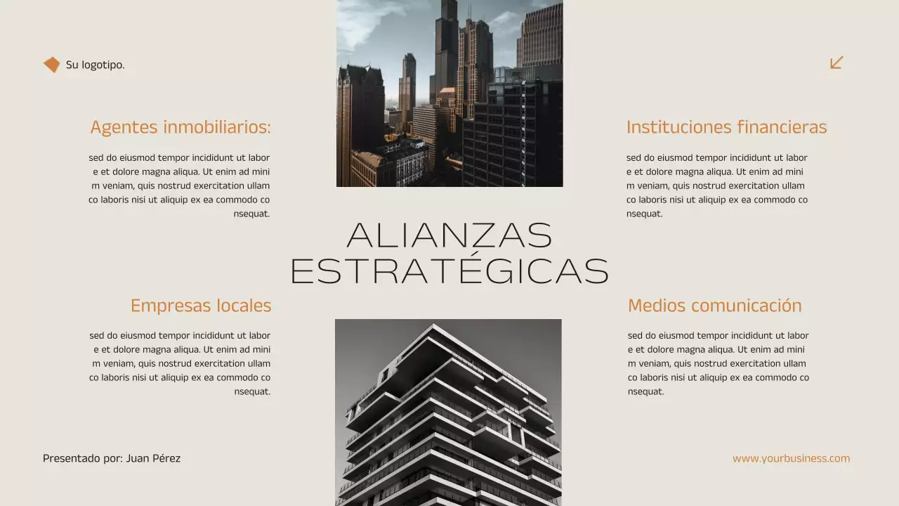 Anuncio de estrategia de marketing inmobiliario minimalista y elegante en negro y naranja