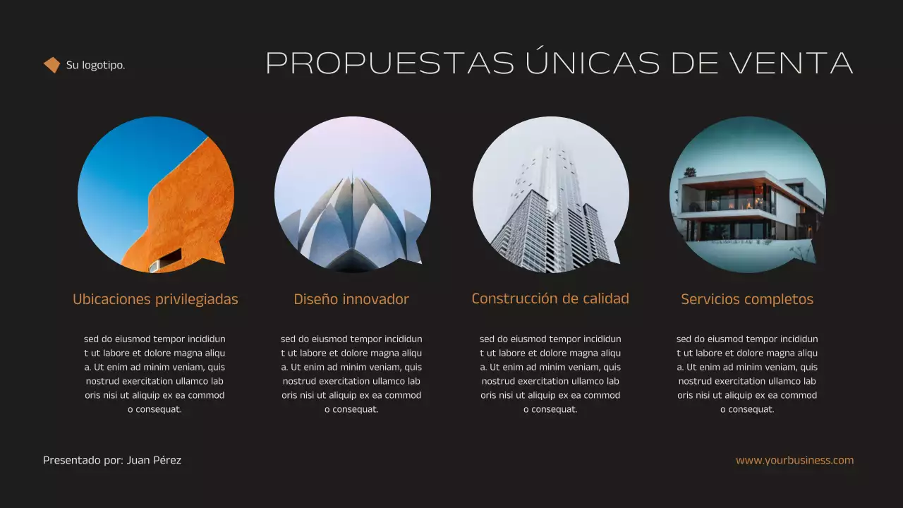 Anuncio de estrategia de marketing inmobiliario minimalista y elegante en negro y naranja
