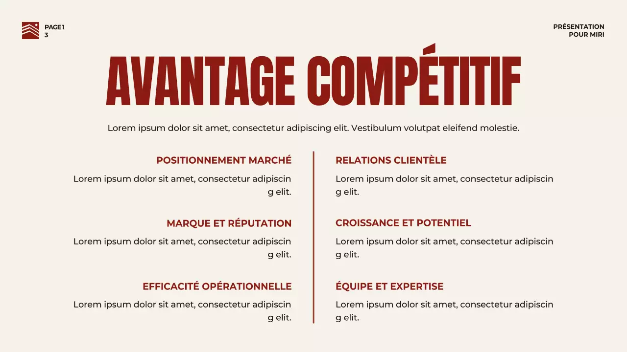 Stratégie de pitch d'entreprise en rouge et beige