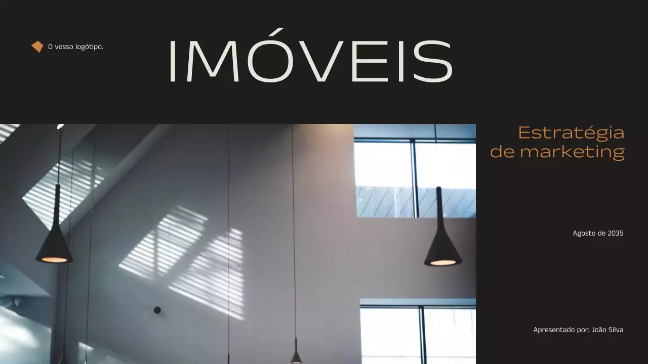 Anúncio de estratégia de marketing imobiliário preto e laranja minimalista e elegante