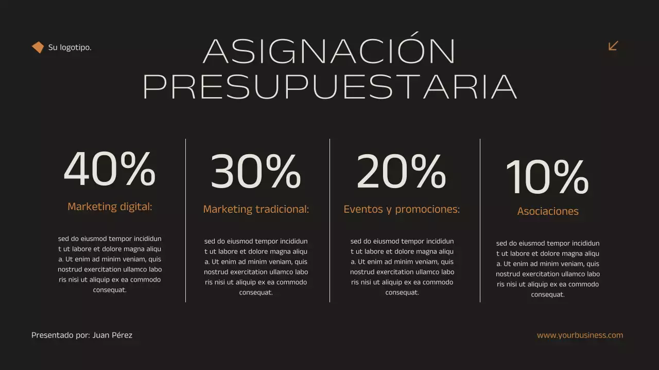 Anuncio de estrategia de marketing inmobiliario minimalista y elegante en negro y naranja