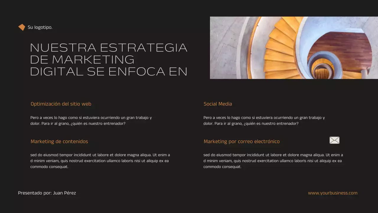 Anuncio de estrategia de marketing inmobiliario minimalista y elegante en negro y naranja