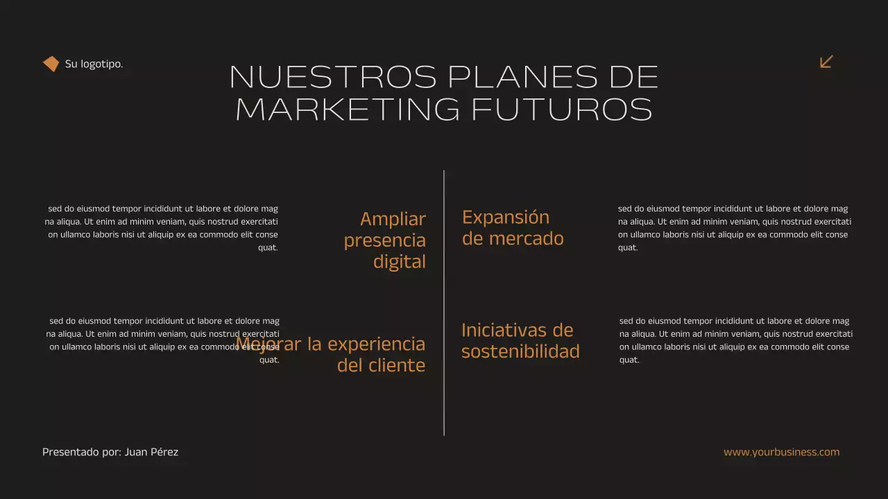 Anuncio de estrategia de marketing inmobiliario minimalista y elegante en negro y naranja