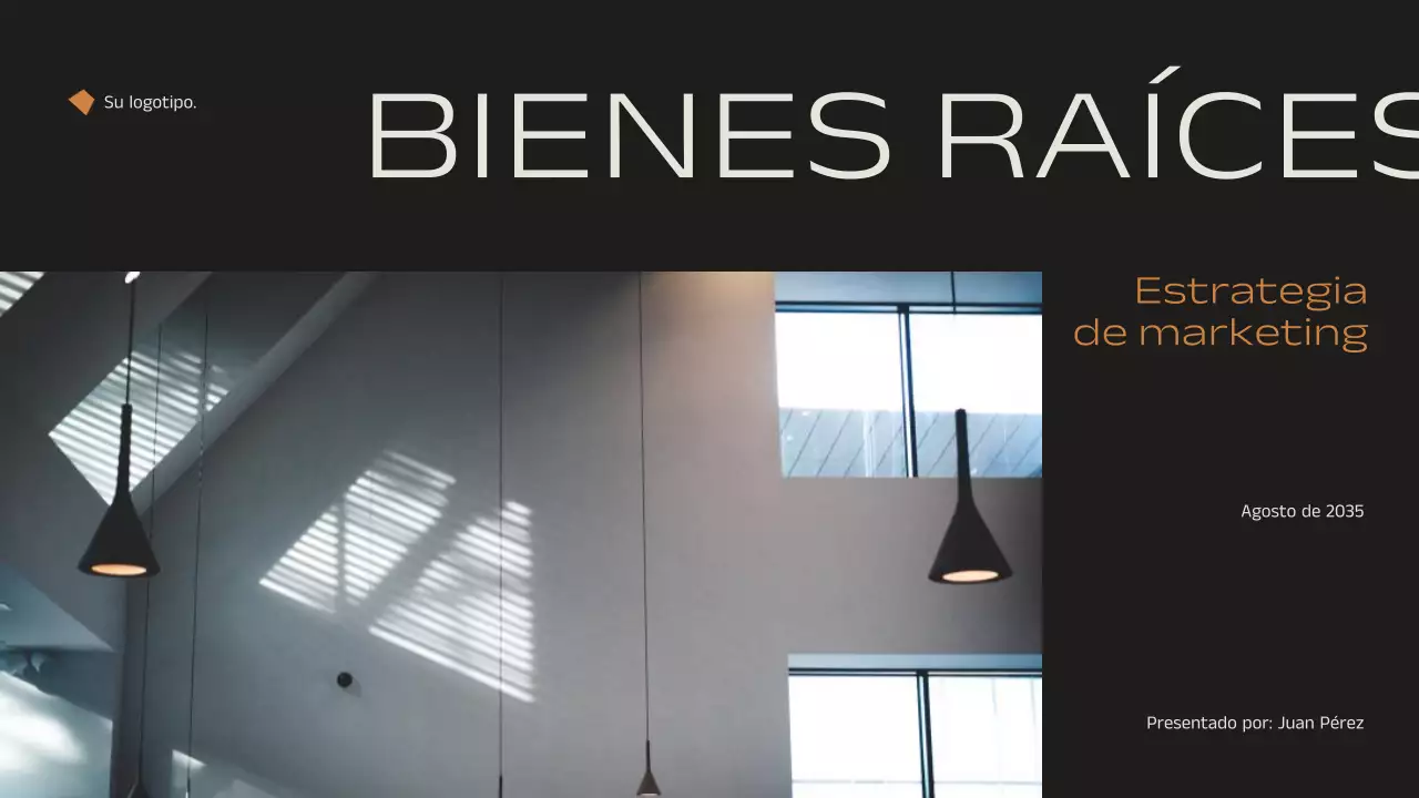 Anuncio de estrategia de marketing inmobiliario minimalista y elegante en negro y naranja