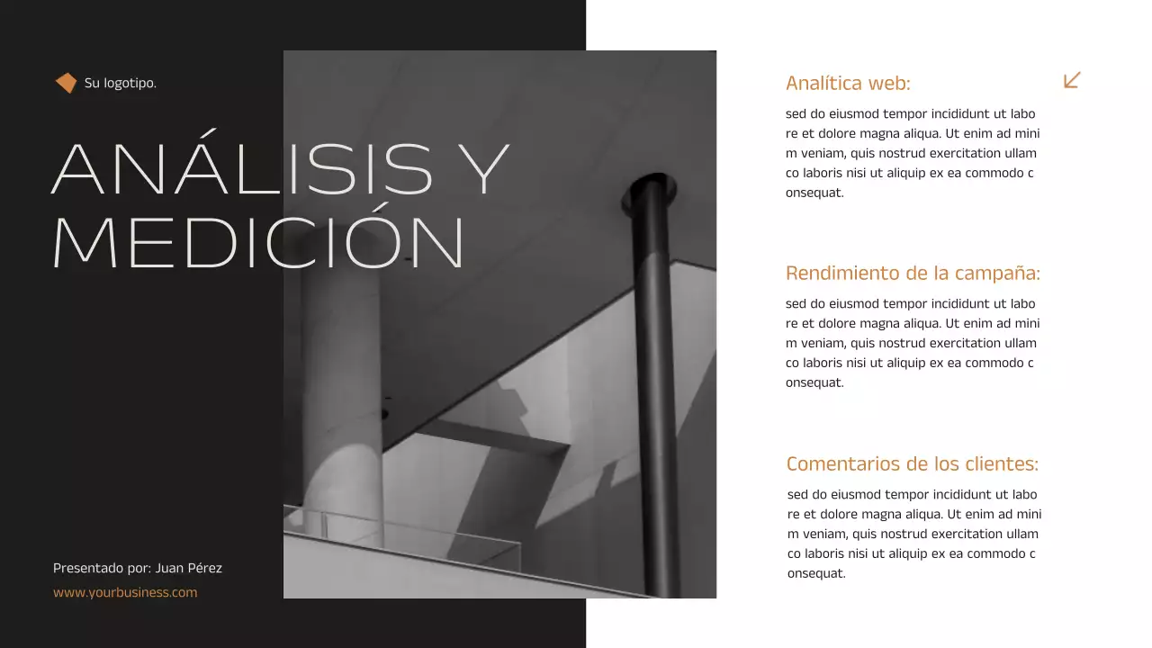 Anuncio de estrategia de marketing inmobiliario minimalista y elegante en negro y naranja