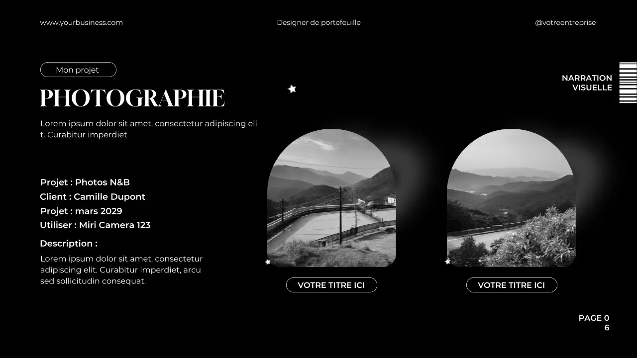 Portfolio de graphistes noir et blanc, minimaliste et élégant