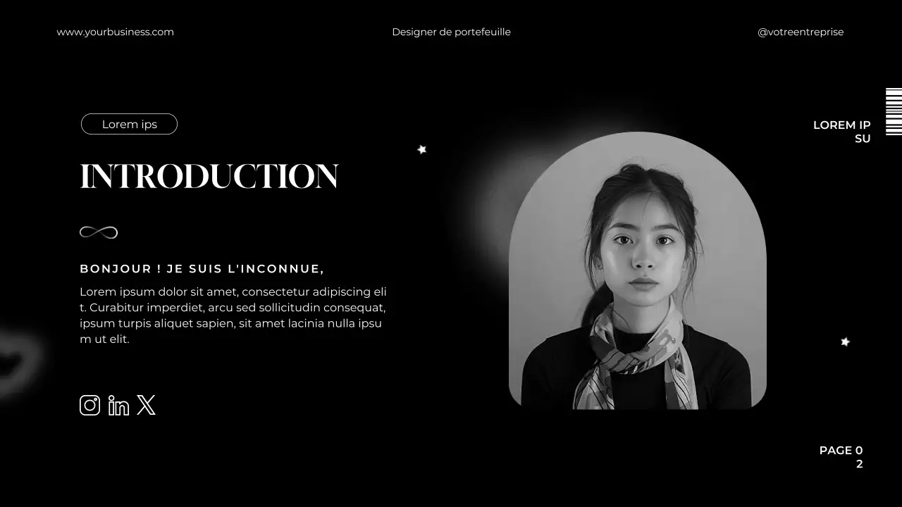 Portfolio de graphistes noir et blanc, minimaliste et élégant