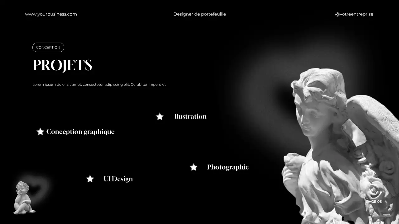 Portfolio de graphistes noir et blanc, minimaliste et élégant