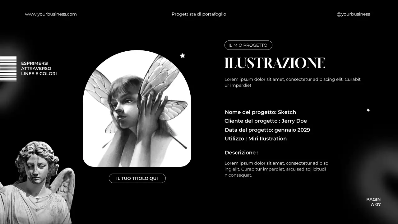 Portafoglio del designer grafico elegante e minimale in bianco e nero