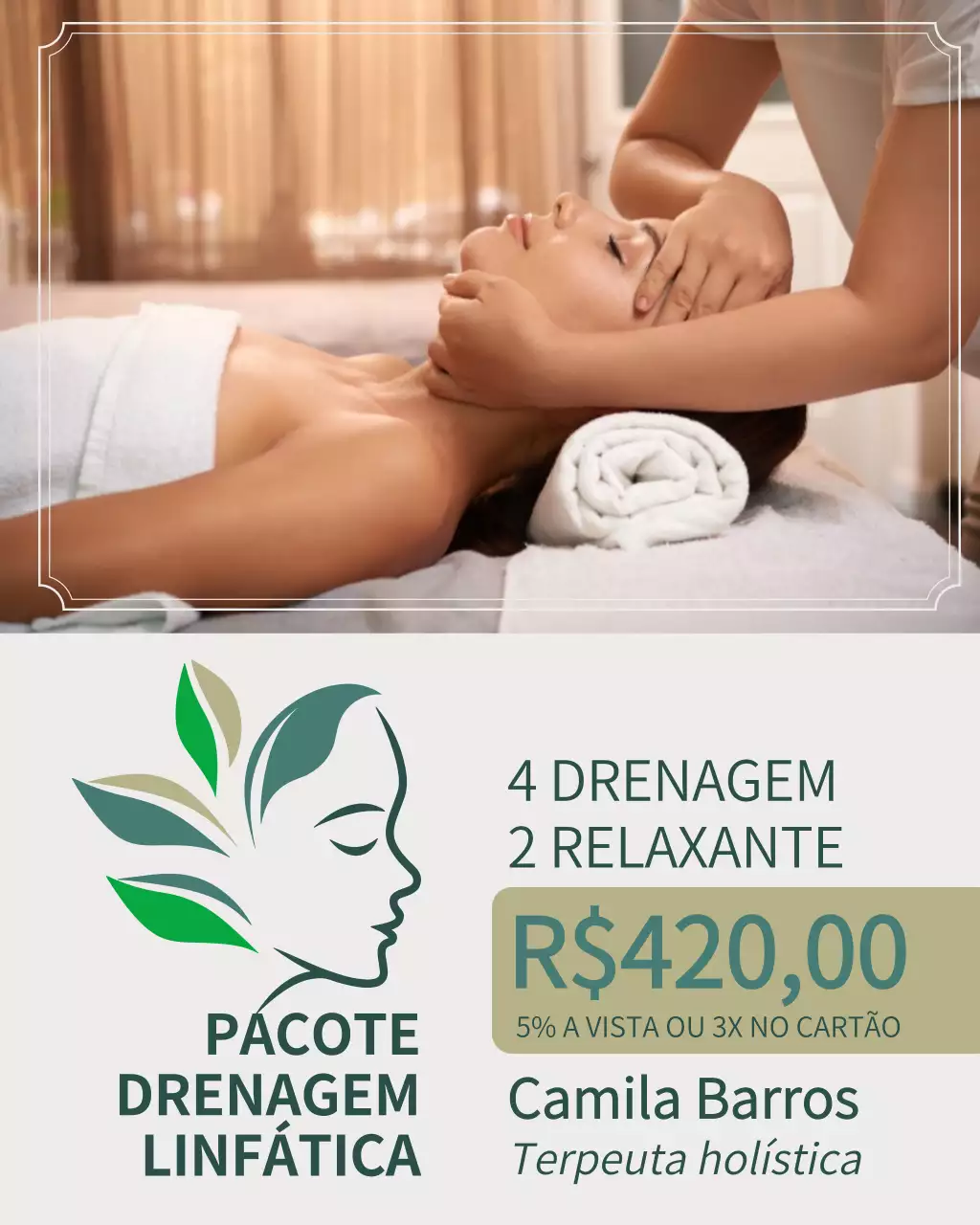 Postagem de promoção de massagem elegante bege no Instagram