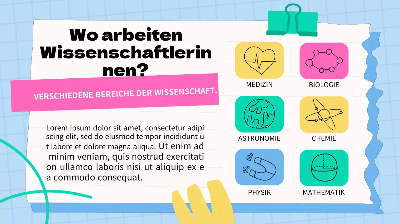 Blaues und rosafarbenes Basismaterial für Vorlesungen über Frauen in der Wissenschaft