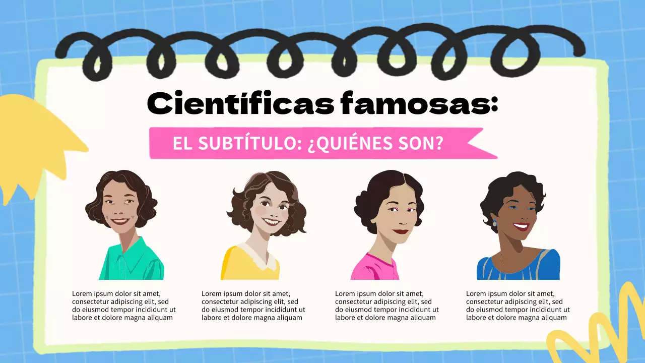 Material didáctico básico azul y rosa sobre las mujeres y la ciencia