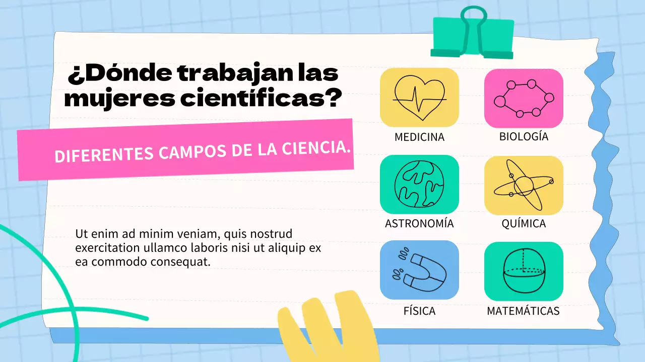 Material didáctico básico azul y rosa sobre las mujeres y la ciencia