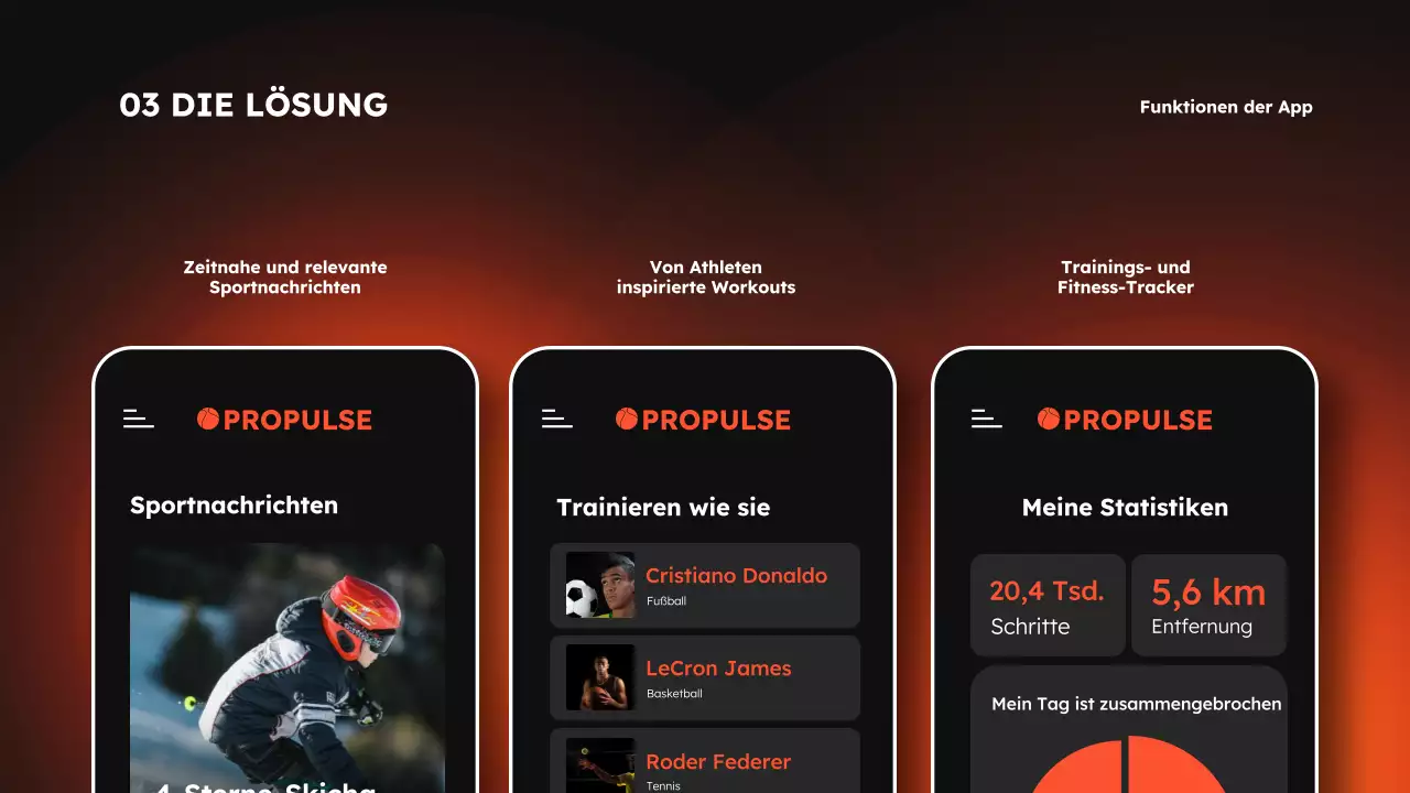 Orange-schwarze moderne Sport- und Fitness-App Produktpräsentation