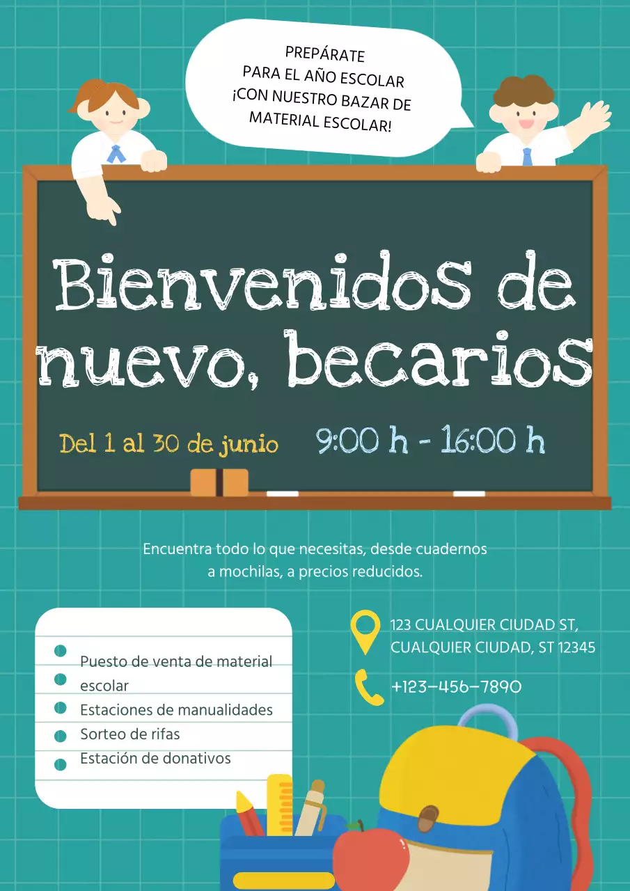 Promoción bazar verde amarillo de dibujos animados para la vuelta al cole