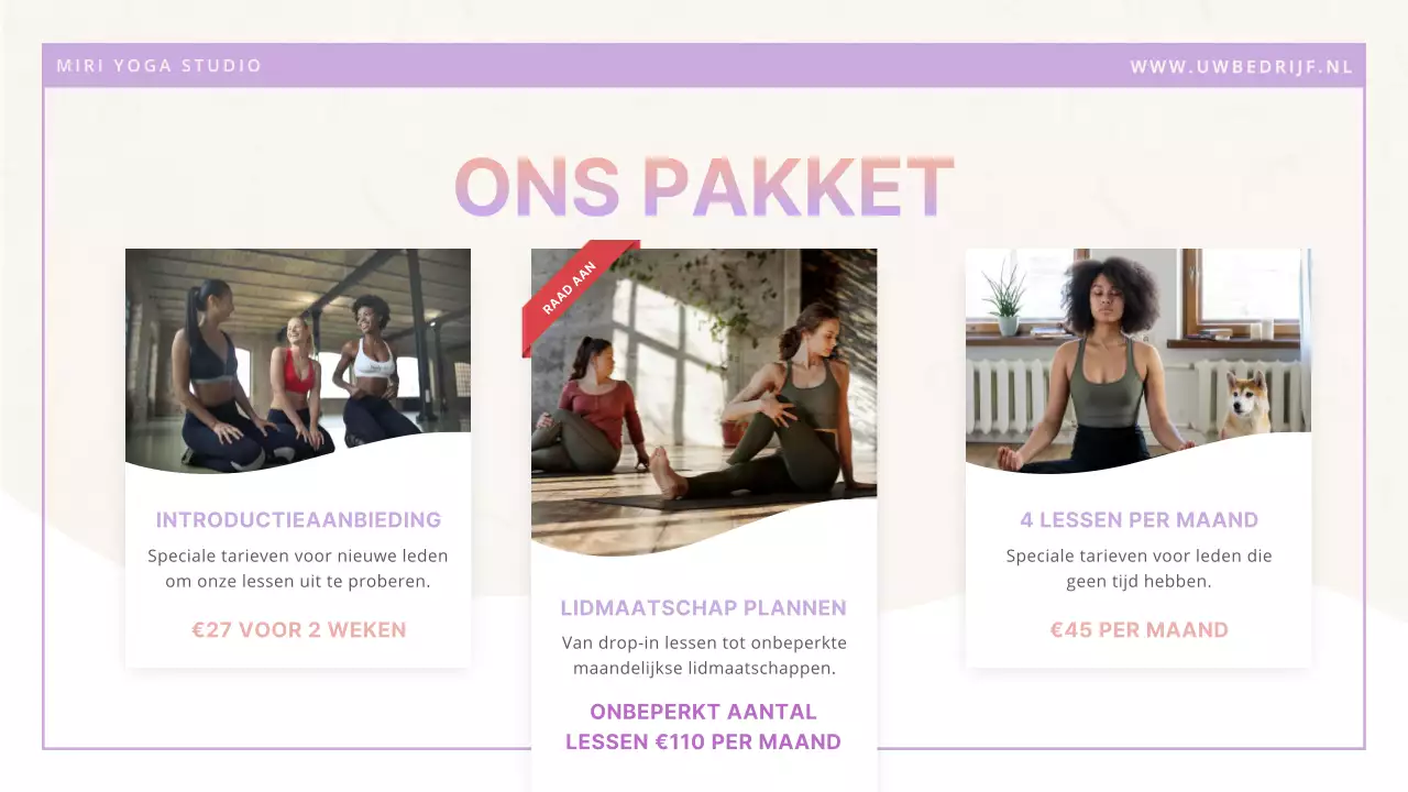 Paars wit minimalistische moderne yogastudio introductie