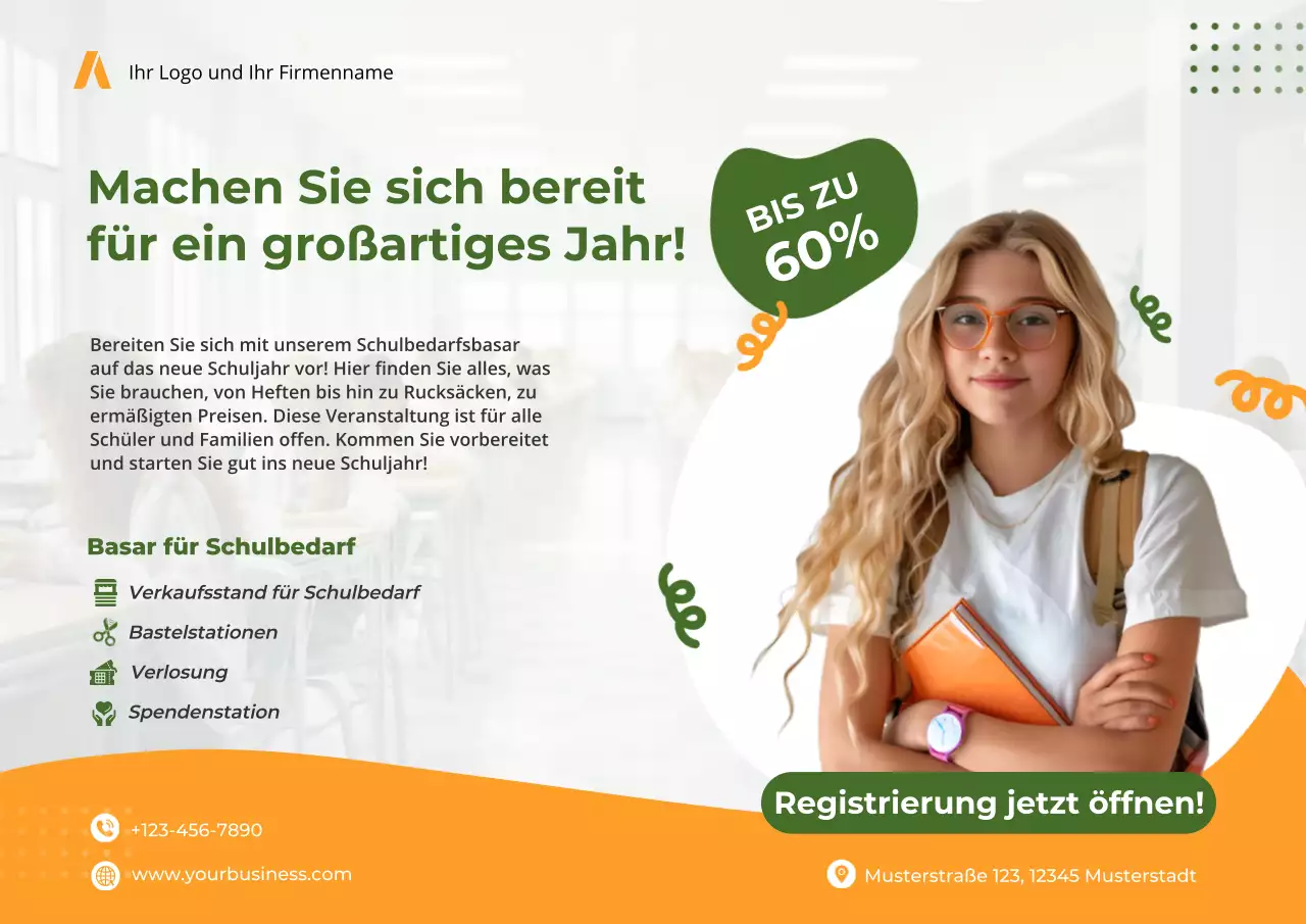 Gelb und Grün Einfache moderne Schulbedarfsbasarveranstaltung