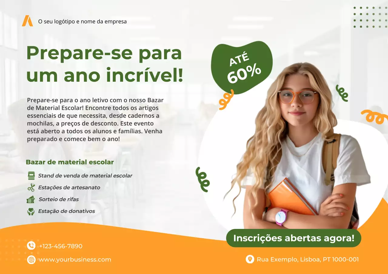 Evento de bazar de material escolar moderno simples amarelo e verde