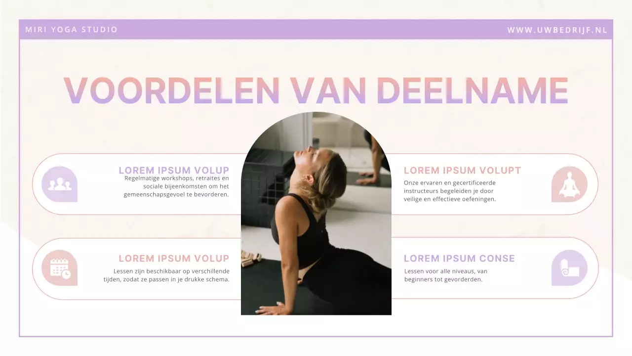 Paars wit minimalistische moderne yogastudio introductie
