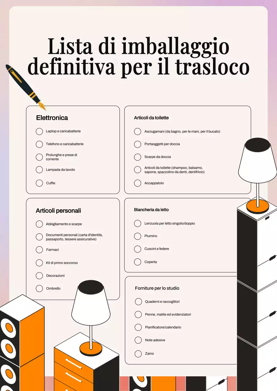 Beige e arancione: semplice planner per la lista di controllo dei film da imballaggio