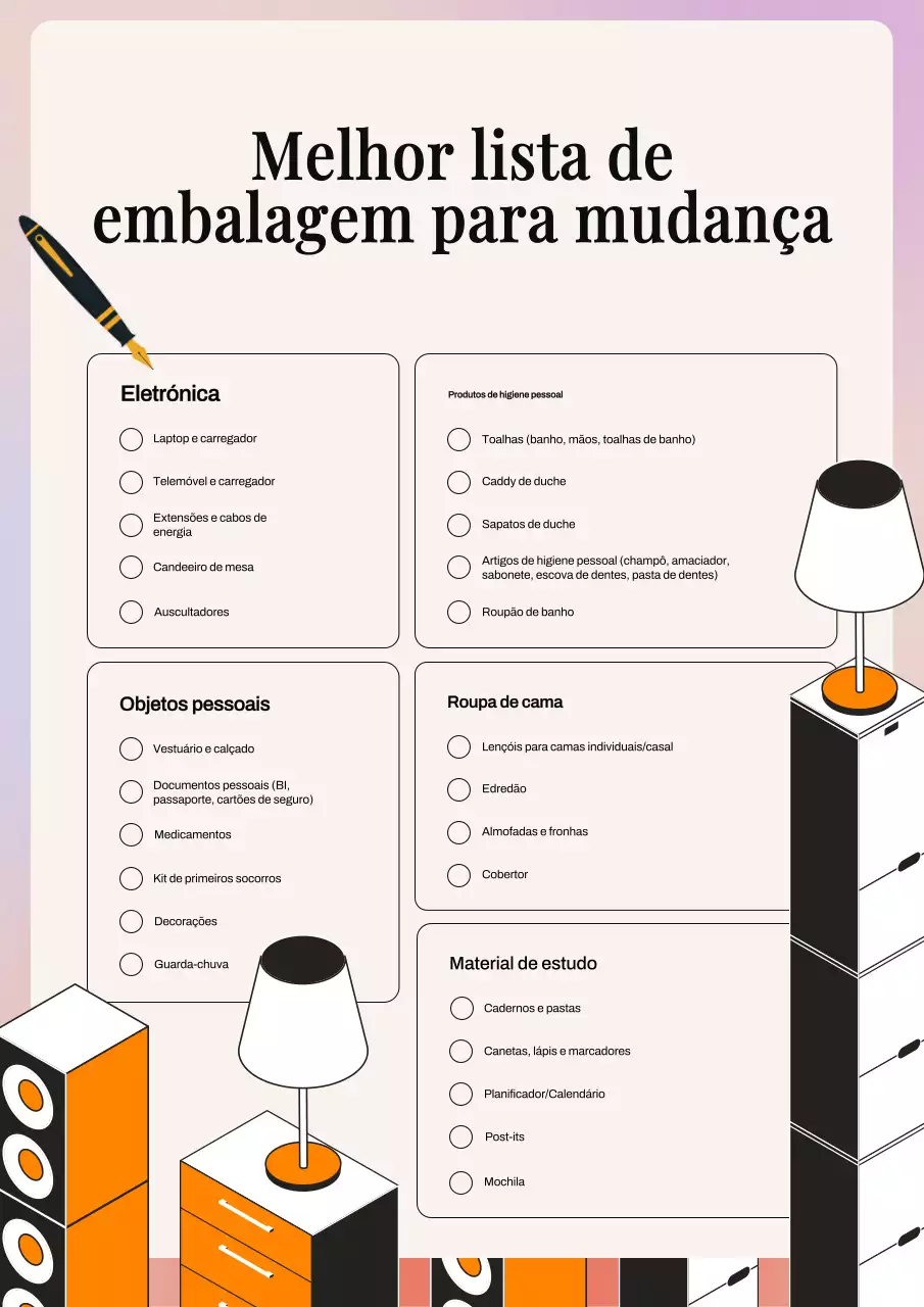 Planificador de listas de verificação de filmes de embalagem simples bege e laranja
