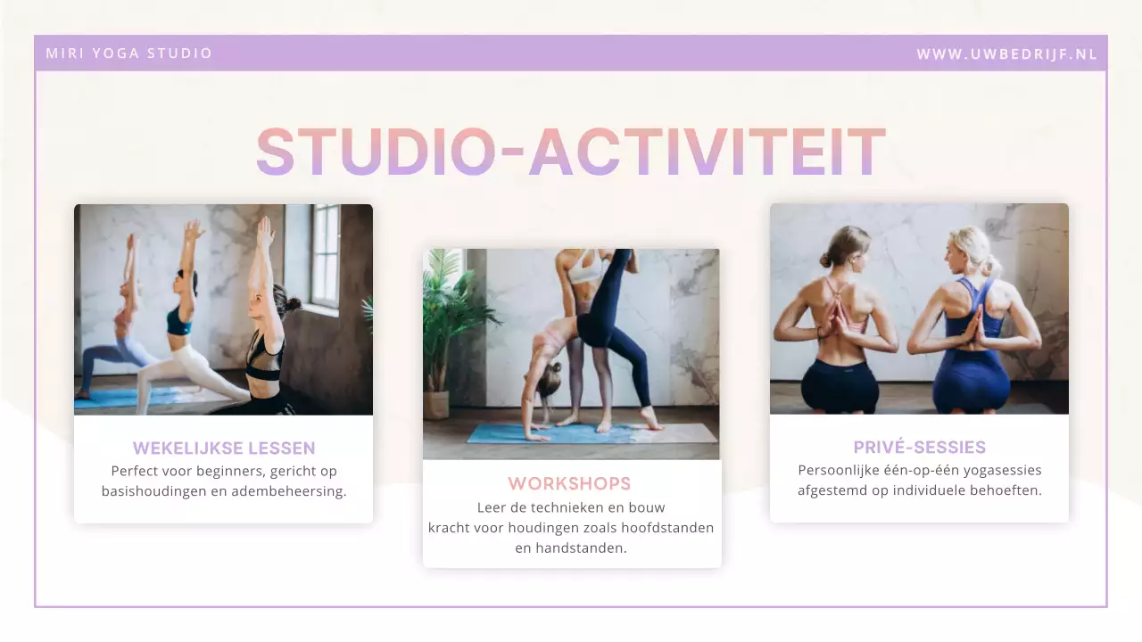 Paars wit minimalistische moderne yogastudio introductie