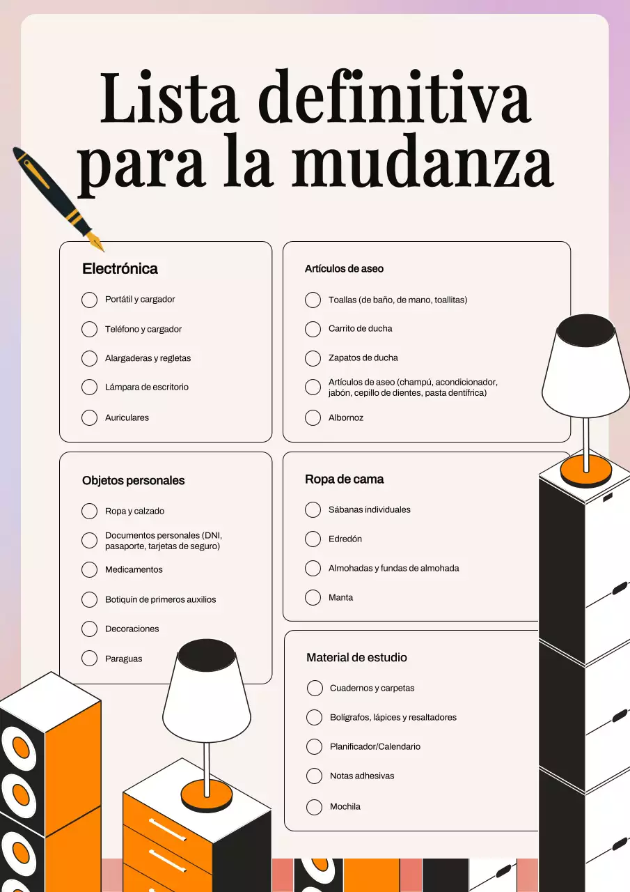 Planificador de la lista de comprobación de la película de embalaje sencillo en beige y naranja