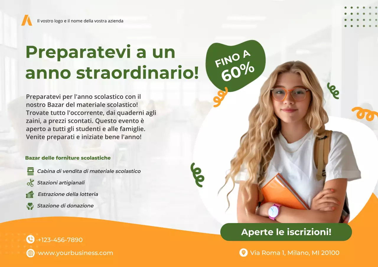 Evento bazar di forniture scolastiche giallo e verde semplice e moderno