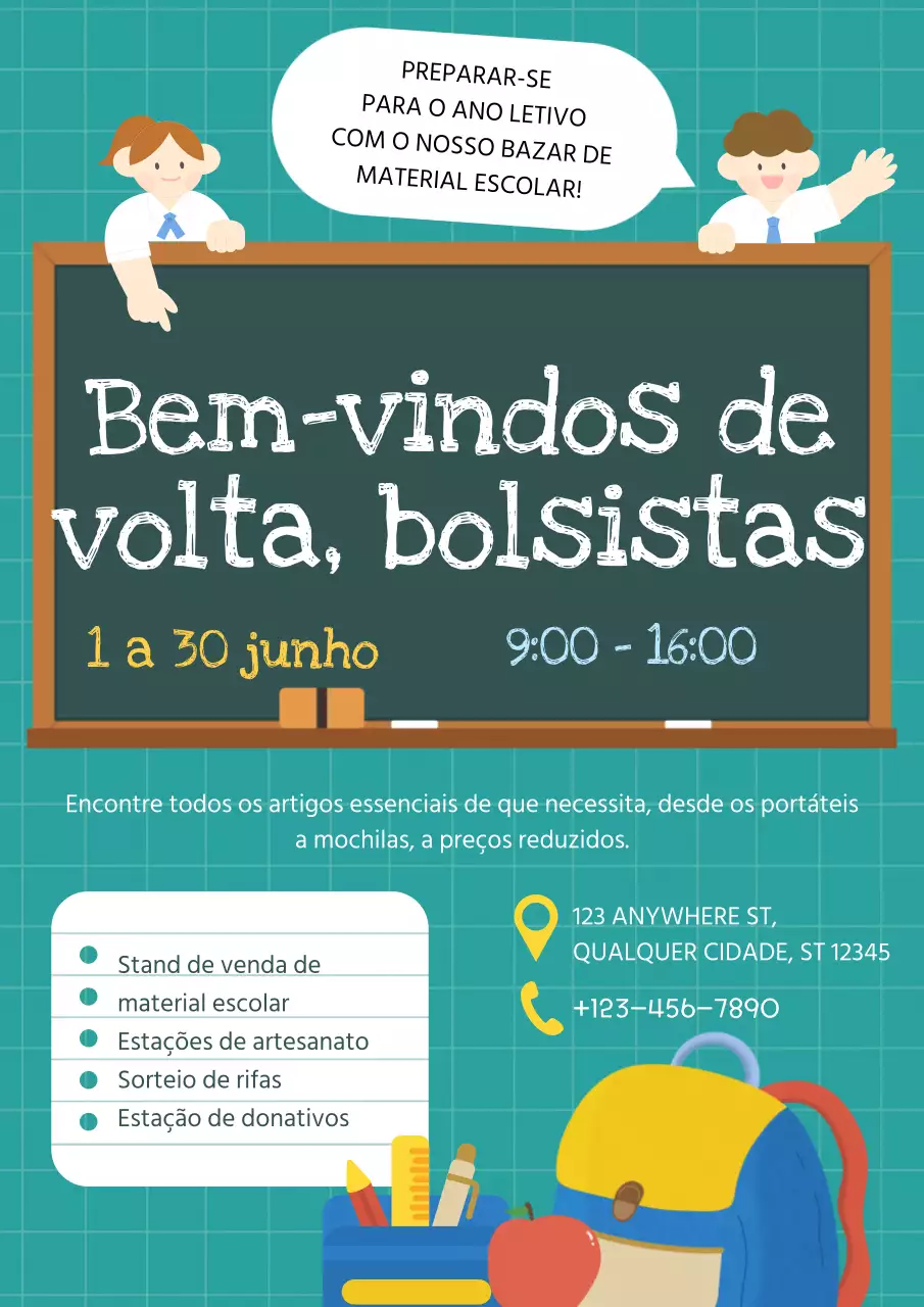 Promoção do bazar de regresso às aulas com desenhos animados verde e amarelo