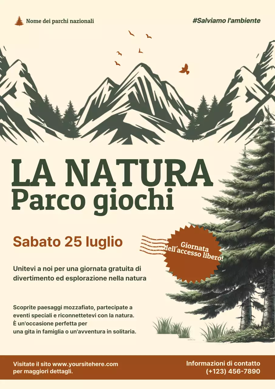 Annuncio di parco giochi naturale di libero accesso beige e verde Classic Vintage