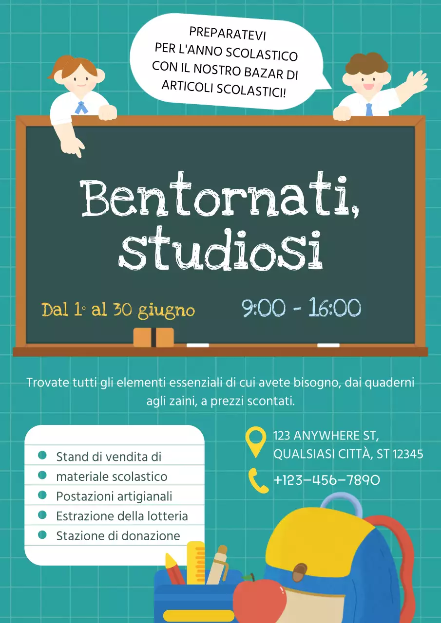 Promozione bazar Back To School con cartoni animati verde-giallo
